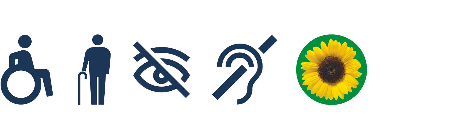 Disability icons displayed at the Assisted Travel Desk. Wheelchair, mobility aid, visual impairment, hearing impairment and sunflower symbol.